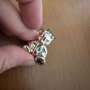Silver-Tone Teddy Bear Charm with Blue Rhinestone